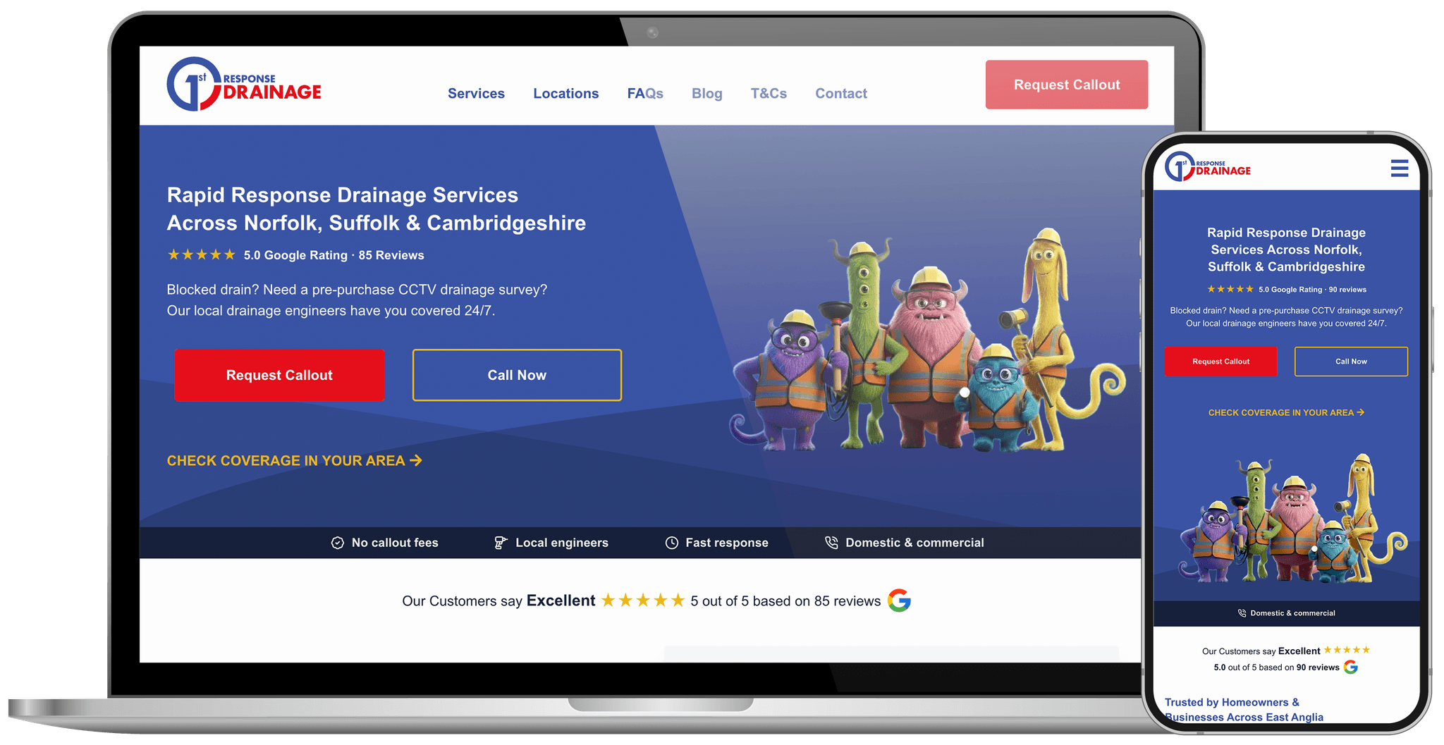 website design for first response drainage a local drainage company in the East of England