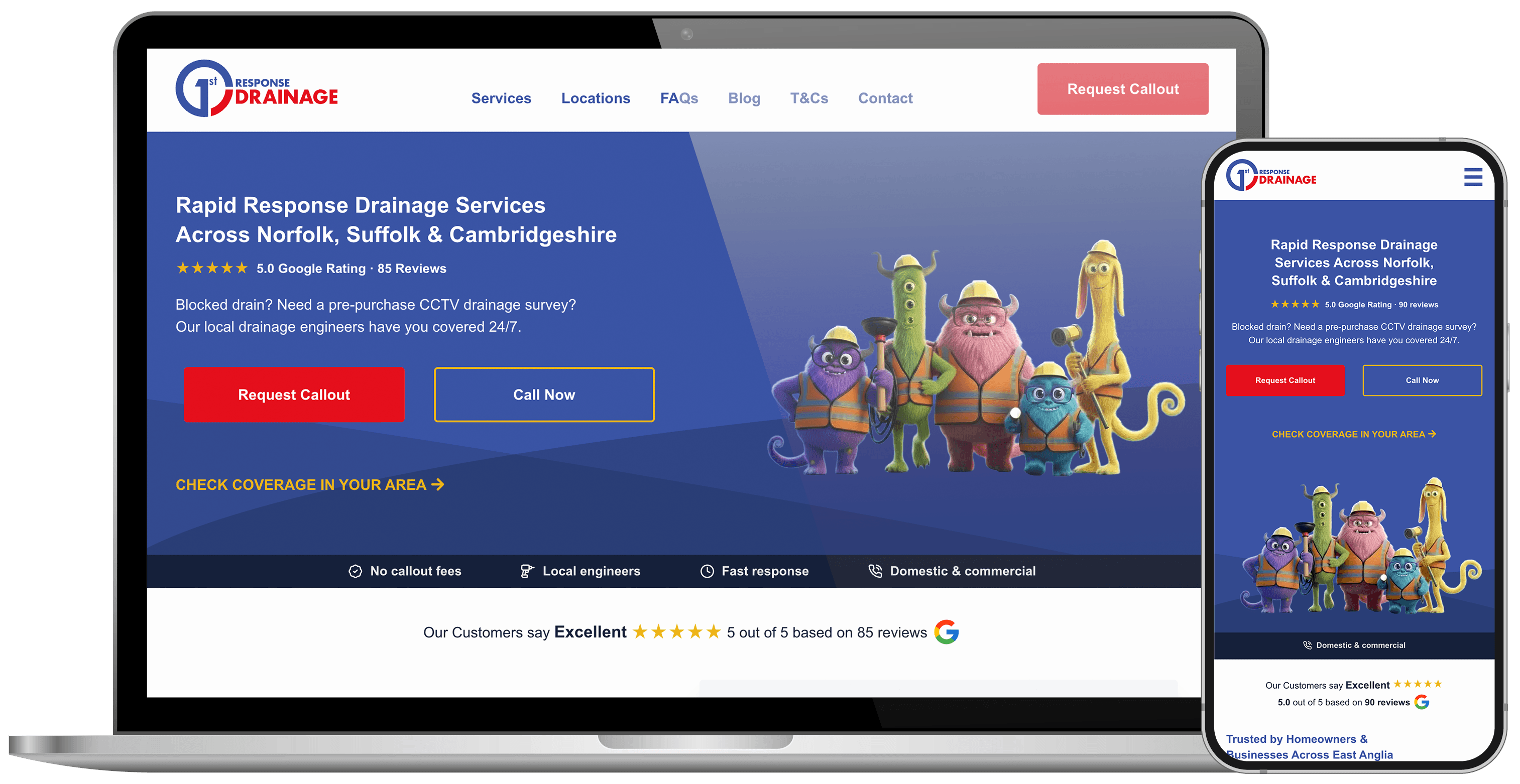 website design for first response drainage a local drainage company in the East of England